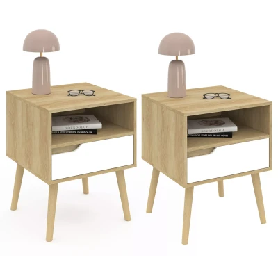 Immagine di IDMarket Set di 2 comodini Helsinki 1 cassetto scandinavo bianco e effetto faggio