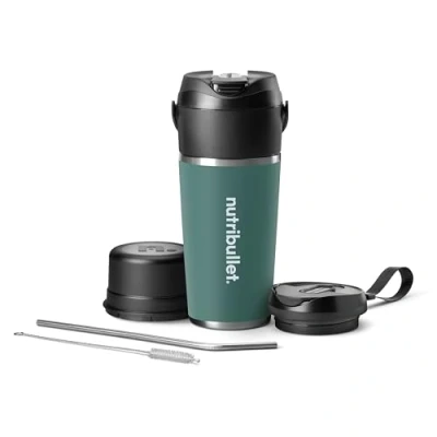 Immagine di Nutribullet Flip NBP016EUC, Frullatore Portatile con Tazza Isolante 590ml, Mantiene il Freddo per 24h, Frulla Ghiaccio, Inclusi Coperchio e Cannuccia, Ricarica USB C, Acciaio Inossidabile, Eucalipto