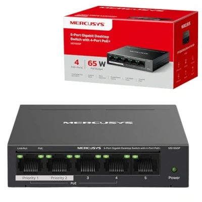 Immagine di MERCUSYS Switch Gigabit Ethernet per computer a 5 porte con PoE+ 4 porte, PoE da 65 W, supporto 802.3af/at PD, gestione dell&#039;alimentazione, scatola in metallo, plug &amp; play, nessuna configurazione