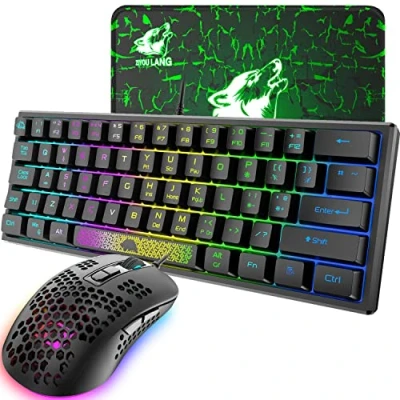 Immagine di Tastiera e mouse da Gioco RGB Layout QWERTY USB Cablato 60% 62 tasti Mini Gaming Keyboard Portatile 7 LED backlit +2400 DPI ultraleggero Guscio a nido d&#039;ape + Tappetino per Nero