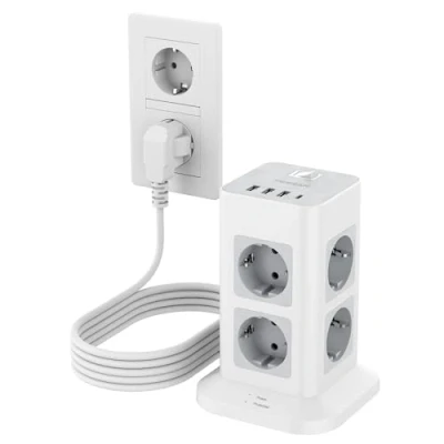 Immagine di TESSAN Ciabatta Multipresa con USB C e 3 A, Elettrica 5 metri, 8 Prese Protezione Sovratensione, Interruttore, Torretta Schuko 3600W
