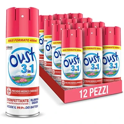 Immagine di Oust 3 in 1 Spray Disinfettante 400 ml, Fragranza Fresh Garden, per Superfici e Tessuti, Uccide il 99,9% dei Batteri, 12 unità da ml