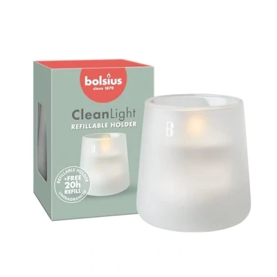 Immagine di Bolsius CleanLight Zero Starter Kit Candela ricaricabile Senza profumo Supporto e ricarica Bianco satinato Durata 20 ore Cera vegetale naturale olio di palma