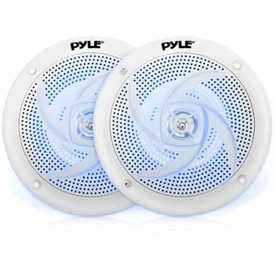 Immagine di Pyle Marine Speaker PLMRS53WL Sistema audio stereo da esterno a 2 vie, impermeabile e resistente alle intemperie, con luci LED, potenza 180 Watt basso profilo sottile, 1 paio