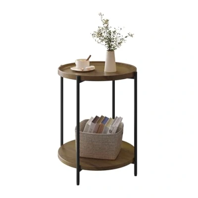 Immagine di WOLTU Tavolino da Salotto Rotondo, Caffè con 2 Ripiani, Piano d’Appoggio Rimovibile, Comodino per Camera Letto, Tavolinoda Divano, in Metallo e MDF, Legno Vintage Nero, BTS06hov