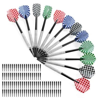 Immagine di Set di 12 freccette con punta in plastica, morbide, 100 punte plastica per la sostituzione elettroniche, professionali