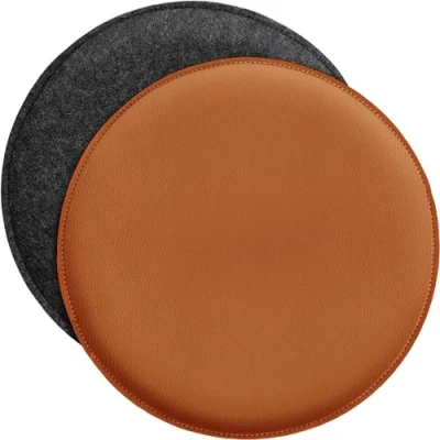 Immagine di Miqio Cuscino di design, rotondo, in feltro e ecopelle, diametro 35 cm, set da 2 pezzi, per panca sedia, grigio scuro cognac