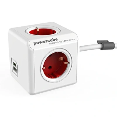 Immagine di Allocacoc PowerCube Extended Spina a 5 Prese, Rosso/Bianco