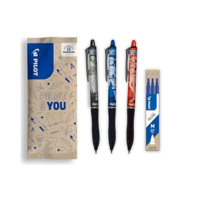 Immagine di PILOT x One Piece set di 3 Frixion Ball Plus, nero, blu, rosso + 1 ricariche blu 4 adesivi Penne cancellabili Edizione limitata Plastica riciclata Punta media