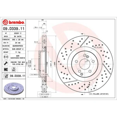 Immagine di BREMBO 09.D339.11 Disco freno 360 26 5 intagliato/perforato, ventilazione interna rivestito ad alto tenore di carbonio con bulloni/viti
