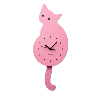 Immagine di Fisura Orologio da parete a forma di gatto con coda. originale. silenzioso senzaa ticchettio 46 x 8 centimetri. Legno e ABS. 1 batteria AA (non inclusa) (Rosa)