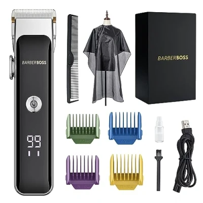Immagine di BarberBoss Rasoio professionale per barba e capelli, manopola di controllo precisione, 2 impostazioni velocità, ricaricabile via USB, lama in ceramica titanio, display a LED, QR 2089