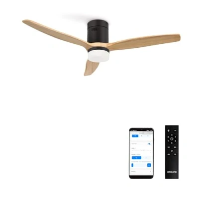 Immagine di CREATE / WINDCALM DC/Ventilatore da soffitto con WIFI luce, motore DC nero, pale in legno scuro/Silenzioso, timer