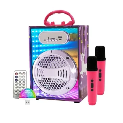 Immagine di Karaoke Per Bambini 2 Microfoni Wireless Cassa Bluetooth Bambina Canta Tu Con Microfono Luce USB Lettore e SD Radio FM Modulatore Di Voce 20W