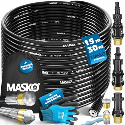 Immagine di MASKO® Set di tubi flessibili per la pulizia dello scarico, 15 m, 200 bar, con custodia, 3 adattatori, 2 ugelli e rotanti, compatibile idropulitrice Kärcher k2 k7 LAVOR