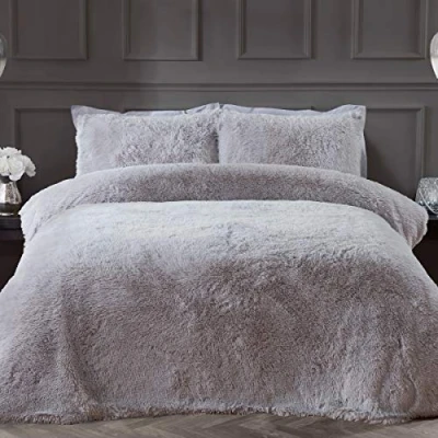 Immagine di Sleepdown Set di biancheria da letto lussuoso in pile a pelo lungo finta pelliccia argento, super morbido, facile pulire, copripiumino e federe, poliestere, per matrimoniale (200 x 200 cm)