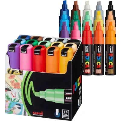 Immagine di uni Ball POSCA PC 8K, 15 pcs Nero, Blu, Marrone, Oro, Verde, Arancione, Rosa, Rosso, Argento, Viola, Bianco, Giallo 15pezzo(i) evidenziatore