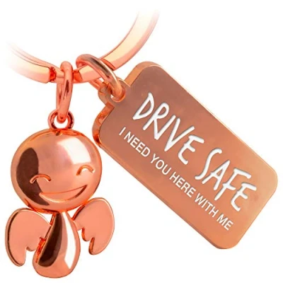 Immagine di FABACH portachiavi con angelo custode Happy incisione Simpatico per auto messaggio in metallo automobilisti regalo portafortuna, patente di guida Drive Safe, oro