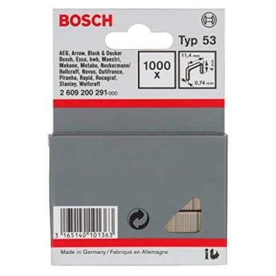 Immagine di Graffette a filo metallico tipo 53, 11,4 x 0,74 4 mm, 1000 pezzi pz. Bosch Accessories 2609200291 Dimensioni (L L) mm 11.4