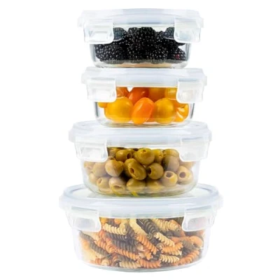 Immagine di Home Fleek Contenitori In Vetro Per Alimenti Con Coperchio Impilabili Meal Prep Ermetici Vetro, Adatti Microonde E Congelatore Cibo Ventro (Set di 4, Blu)