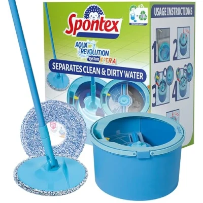 Immagine di Spontex Aqua Revolution System, Set Mop e Secchio, Separa l&#039;Acqua Sporca da Quella Pulita, Pulisce Pavimenti in Laminato, Legno Piastrelle, Piatto con 2 x Ricambi della Testa Microfibra