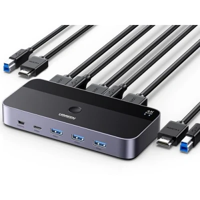 Immagine di UGREEN Switch KVM HDMI 4K 60Hz 2 Ingressi 1 Uscita con 3 Porte USB A 3.0 e Porta C 5Gbps per Tastiera Mouse HDD Hard Disk Controller Desktop Cavi 1M