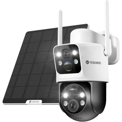 Immagine di YESKANO Telecamera Wi Fi Esterno, 6MP Videocamera Sorveglianza con pannello solare, PTZ Wifi Esterno Senza Fili Doppio Obiettivo e PIR a Batteria, 2.4GHz, IP66, Supporta Alexa