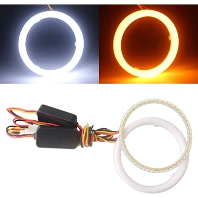 Immagine di Qasim 1 coppia di LED COB Fari Angel Eyes 95MM 4014 132SMD Bianco+Amber Switchback Anello Halo Occhi d&#039;Angelo Universale per Auto Moto DRL Faro Fendinebbia DC12V