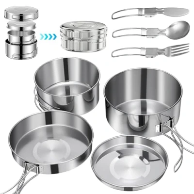 Immagine di BILIPLE Set di Pentole da Campeggio 7 Pezzi Acciaio inossidabile Pieghevoli e Impilabili Cucina all&#039;aperto Kit per Trekking Escursionismo Picnic