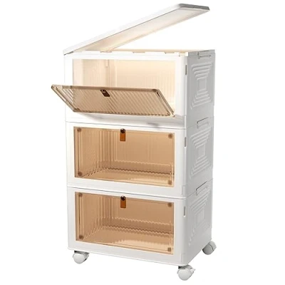 Immagine di Contenitore portaoggetti in plastica, 3 livelli, 21 L, impilabile, organizer con coperchi, per camera da letto, salotto, cucina, studio e ufficio, scatole pieghevoli