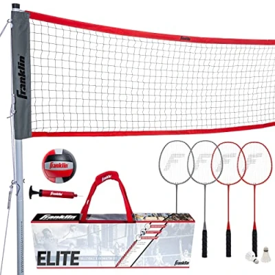Immagine di Franklin Sports Elite Set di rete da badminton e pallavolo, include racchette badminton, uccellini, paletti, corde, kit confine, spiaggia o cortile, facile installare