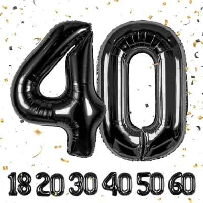 Immagine di Palloncini Compleanno 40 anni Noir 101 CM Palloncino Numero Gonfiabile in Foil Decorazioni di un uomo donna Vola con l&#039;Elio