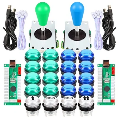 Immagine di EG STARTS 2 Giocatori LED Arcade parti fai da te 2X USB Encoder + Ellipse stile ovale Joystick 20x Pulsanti per PC MAME Raspberry Pi Sistema Windows (Blu &amp; Verde)