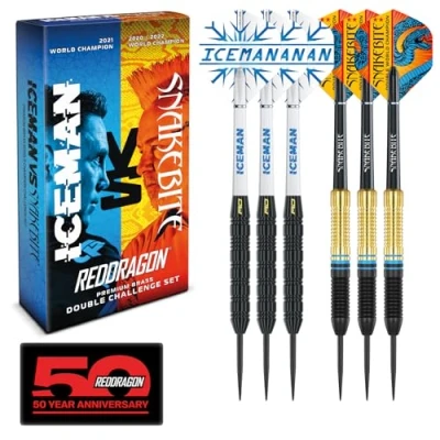 Immagine di RED DRAGON Peter Wright &#039;Snakebite&#039; v Gerwyn Price &#039;Iceman&#039; DWC Steel Tip Set di Freccette in Ottone con Alette e fusti