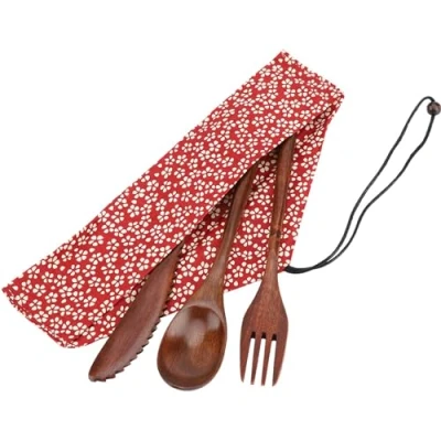 Immagine di Set di Stoviglie, Posate Tavola in Bambù Riutilizzabile Stile Giapponese Legno per da Viaggio Regalo(Con Custodia Rossa)