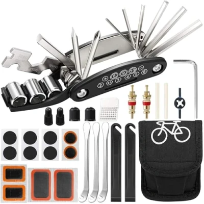 Immagine di Eckerdromk Kit Riparazione Pneumatici Bici, 16 in 1 Attrezzi Attrezzo Multifunzione Bici con Patch, Portatile Pieghevole Strumento di della Bicicletta