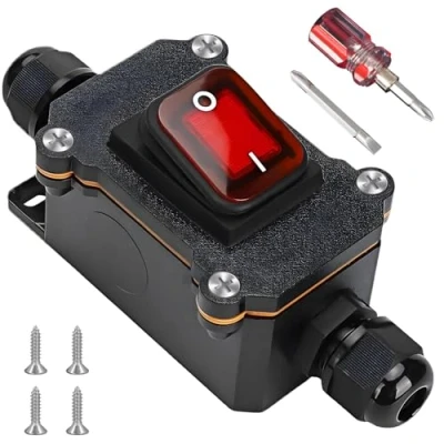 Immagine di interruttore in linea impermeabile, 30 A, 12 V, DC DPST a 4 poli, IP67, per cavi, on/off, uso esterno, su entrambi i lati di ingresso e uscita (30 A)