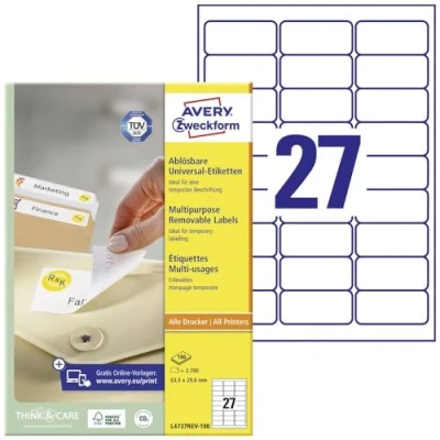 Immagine di Avery Zweckform L4737REV 100 Etichetta universale 63.5 x 29.6 mm Carta Bianco 2700 pz. Staccabile Stampante a getto dinchiostro, laser,