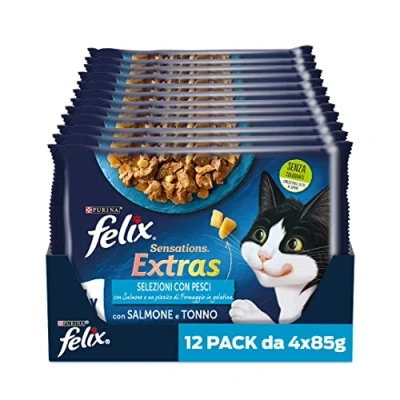 Immagine di Purina Felix Sensations Extras Cibo Umido per Gatti con Salmone e Formaggio, Tonno 48 buste da 85g