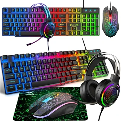 Immagine di Tastiera Auricolare e Mouse da Gioco, Retroilluminazione Arcobaleno LED Cuffie RGB Nido D&#039;ape 7.1 Canali 2400 DPI Tappetino per PS4 XBox(necessario adattatore) Nero