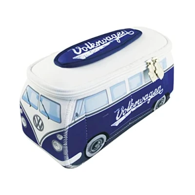 Immagine di BRISA VW Collection Volkswagen Beauty case da viaggio in Neoprene, porta oggetti con manico, Campervan Bus T1 design (Scritta/Blu) (Grande (30 x 14 12 cm))