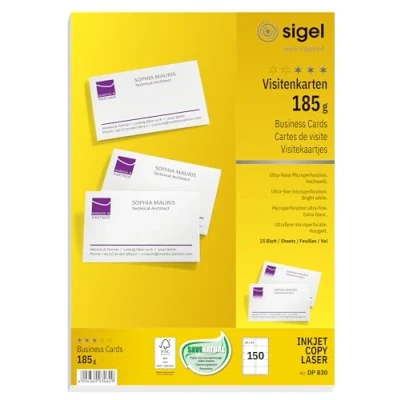 Immagine di Sigel DP830 Biglietti da visita stampabili microforati 85 x 55 mm Bianco puro 150 pz. Formato carta: DIN A4