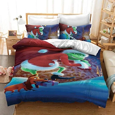 Immagine di Nichiyo, set di biancheria da letto The Grinch copripiumino e federa, microfibra, stampa digitale 3D (copripiumino + federe) (1, singolo 135 x 200 cm)