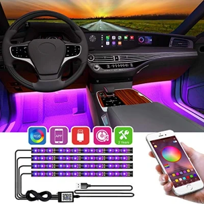 Immagine di YiLaie Luci Interne per Auto,Striscia LED Auto con APP,Impermeabile 4pcs 48 LEDs Lampade Auto,sotto il cruscotto Kit,di illuminazione Multicolore Sincronizzazione musicale,porta USB 5V