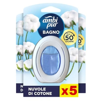 Immagine di Ambi Pur Bagno, Profumatore per Ambienti ad Azione Continua Eliminazione e Prevenzione degli Odori, Nuvole di Cotone, 5 Pezzi
