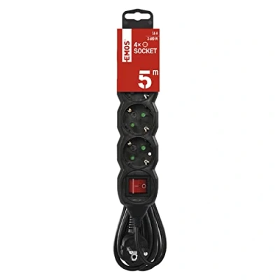 Immagine di EMOS Ciabatta elettrica a 4 prese 5 m con interruttore Schuko ruotate 45 250 V, 16 A, 3680 W Isolamento in PVC H05VV F3G 1,5 mm2 Maggiore protezione da contatto IP20 per
