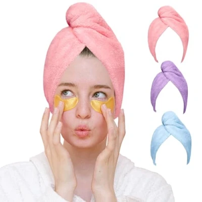 Immagine di Good Nite Set da 3 Turbante Asciugacapelli in Microfibra con Bottone Asciugamano per Capelli Rapido e Morbido Ideale Ricci Lisci