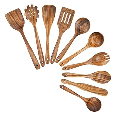 Immagine di Qarmijaer Utensili da Cucina nel Legno, Set di con Supporto per Cucchiai Legno Teak e Spatola Cucinare