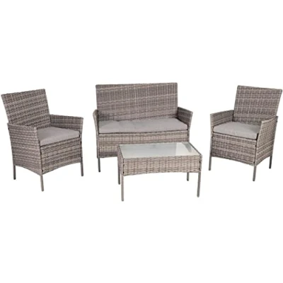 Immagine di Greemotion Set Lounge Morelia, 4 Pezzi, in polyrattan, da Tavolo, Divano, 2 poltrone, Marrone Beige