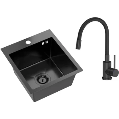 Immagine di VBChome lavello da incasso in acciaio inox con rubinetto, 40 x 45 cm, colore nero opaco, foro per cucina, lavandino grande, scarico sifone inox, rubinetto
